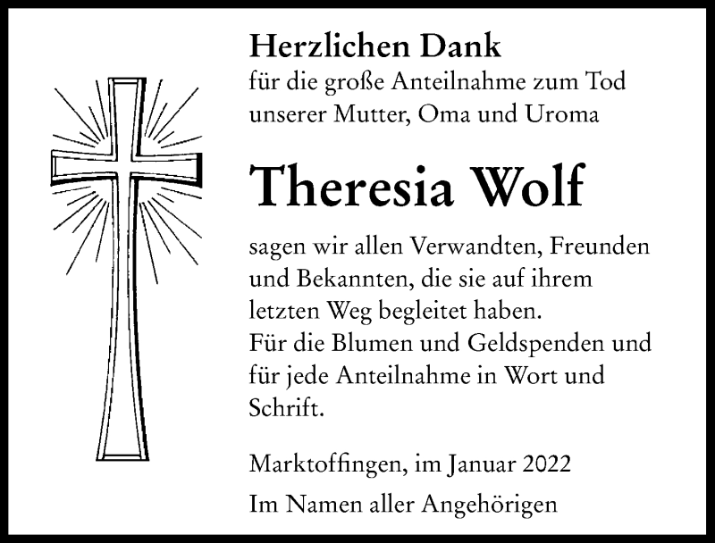 Traueranzeige von Theresia Wolf von Rieser Nachrichten