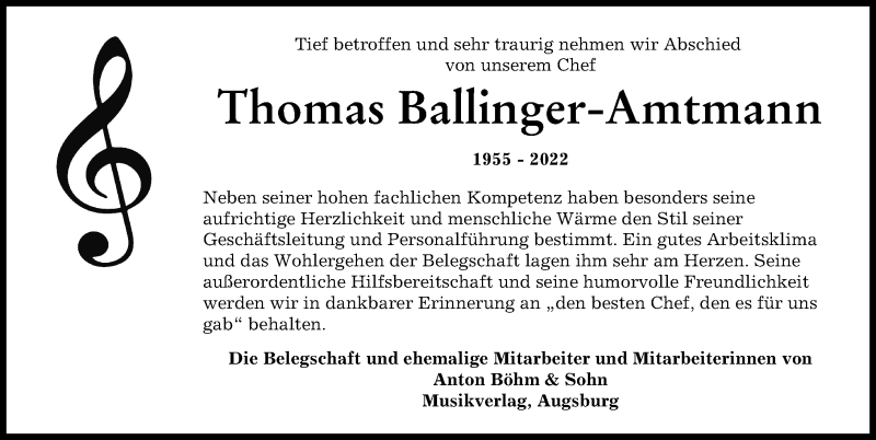 Traueranzeige von Thomas Ballfinger-Amtmann von Augsburger Allgemeine