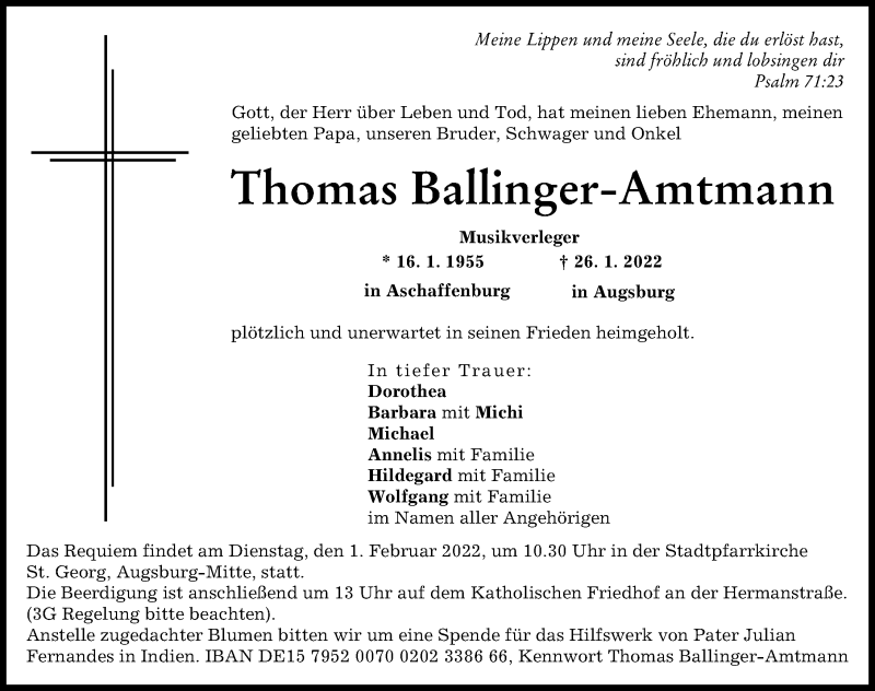 Traueranzeige von Thomas Ballfinger-Amtmann von Augsburger Allgemeine