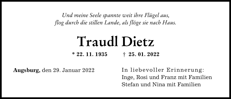 Traueranzeige von Traudl Dietz von Augsburger Allgemeine