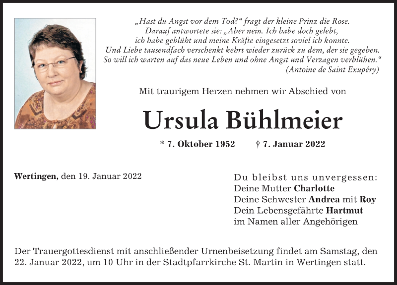 Traueranzeige von Ursula Bühlmeier von Wertinger Zeitung