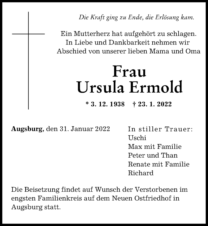  Traueranzeige für Ursula Ermold vom 31.01.2022 aus Augsburger Allgemeine Hauptausgabe