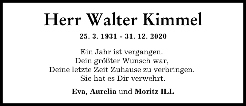 Traueranzeige von Walter Kimmel von Augsburg-Land