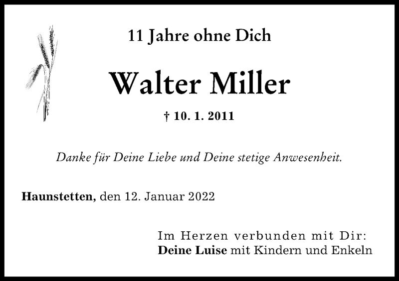 Traueranzeige von Walter Miller von Augsburger Allgemeine