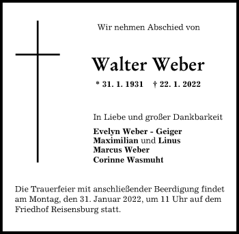 Traueranzeige von Walter Weber von Günzburger Zeitung