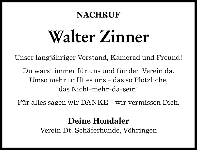 Traueranzeige von Walter Zinner von Illertisser Zeitung