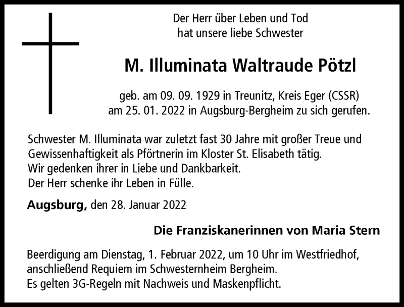  Traueranzeige für Waltraude Pötzl vom 28.01.2022 aus Augsburger Allgemeine