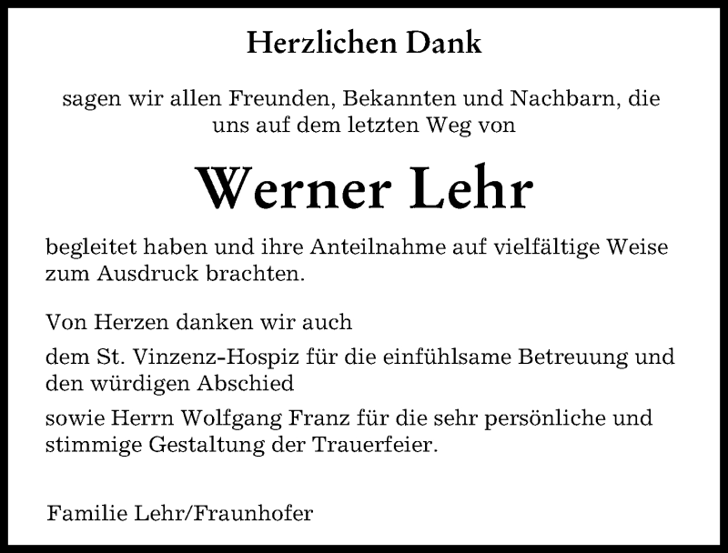 Traueranzeige von Werner Lehr von Augsburger Allgemeine