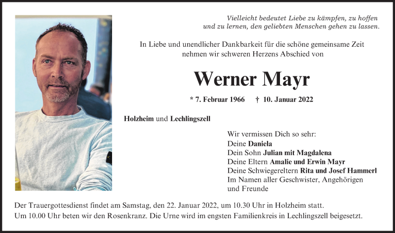 Traueranzeige von Werner Mayr von Neuburger Rundschau, Donauwörther Zeitung, Aichacher Nachrichten