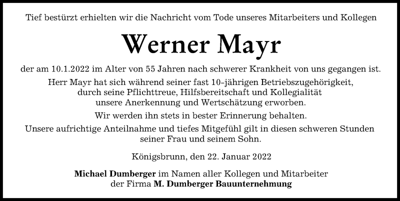 Traueranzeige von Werner Mayr von Augsburger Allgemeine