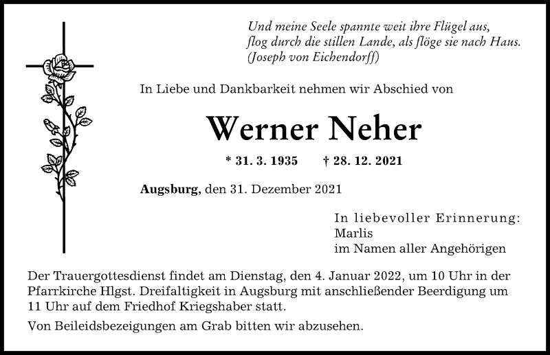 Traueranzeige von Werner Neher von Augsburger Allgemeine