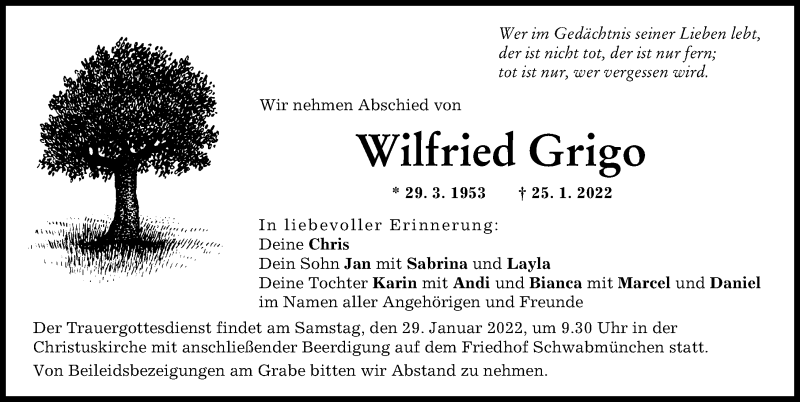 Traueranzeige von Wilfried Grigo von Schwabmünchner Allgemeine