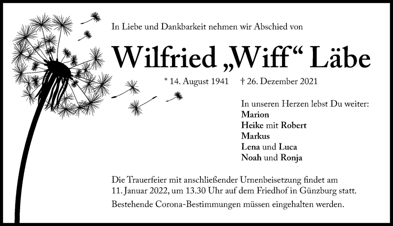 Traueranzeige von Wilfried Läbe von Mittelschwäbische Nachrichten, Günzburger Zeitung