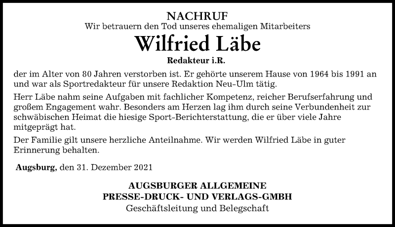 Traueranzeige von Wilfried Läbe von Mittelschwäbische Nachrichten, Günzburger Zeitung