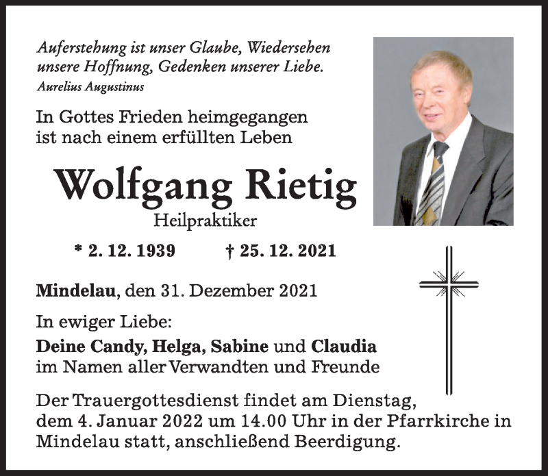 Traueranzeige von Wolfgang Rietig von Mindelheimer Zeitung