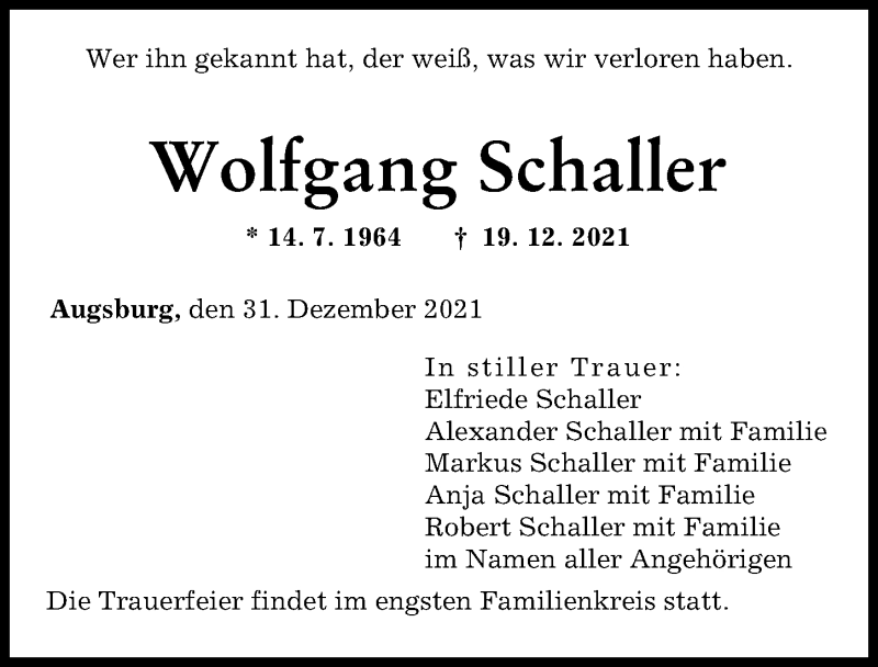 Traueranzeige von Wolfgang Schaller von Augsburger Allgemeine