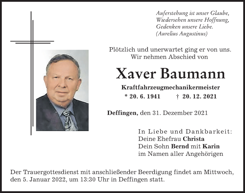 Traueranzeige von Xaver Baumann von Günzburger Zeitung