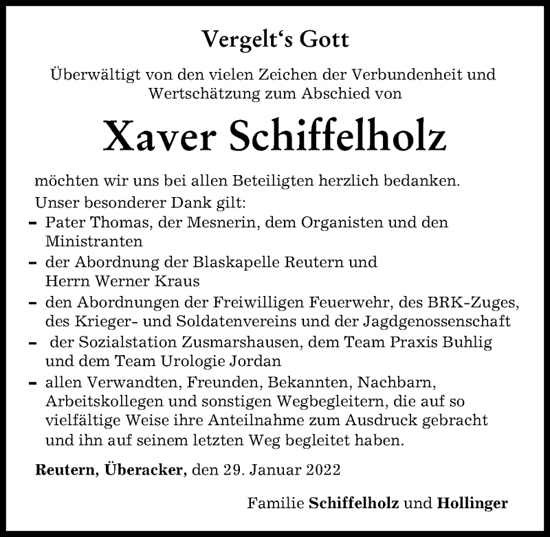 Traueranzeige für Xaver Schiffelholz vom 29.01.2022 aus Wertinger Zeitung, Augsburg-Land