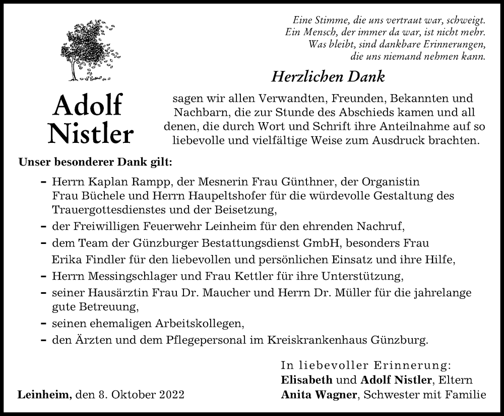  Traueranzeige für Adolf Nistler vom 08.10.2022 aus Günzburger Zeitung