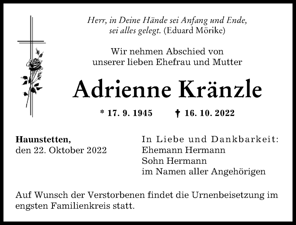 Traueranzeige von Adrienne Kränzle von Augsburger Allgemeine