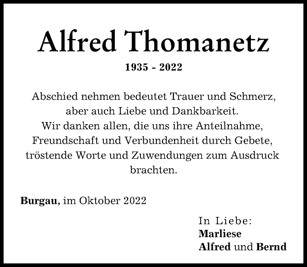  Traueranzeige für Alfred Thomanetz vom 18.10.2022 aus Günzburger Zeitung