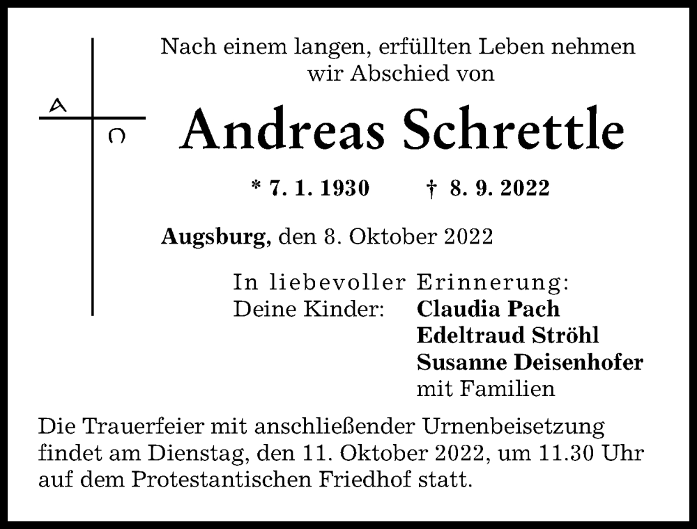  Traueranzeige für Andreas Schrettle vom 08.10.2022 aus Augsburger Allgemeine