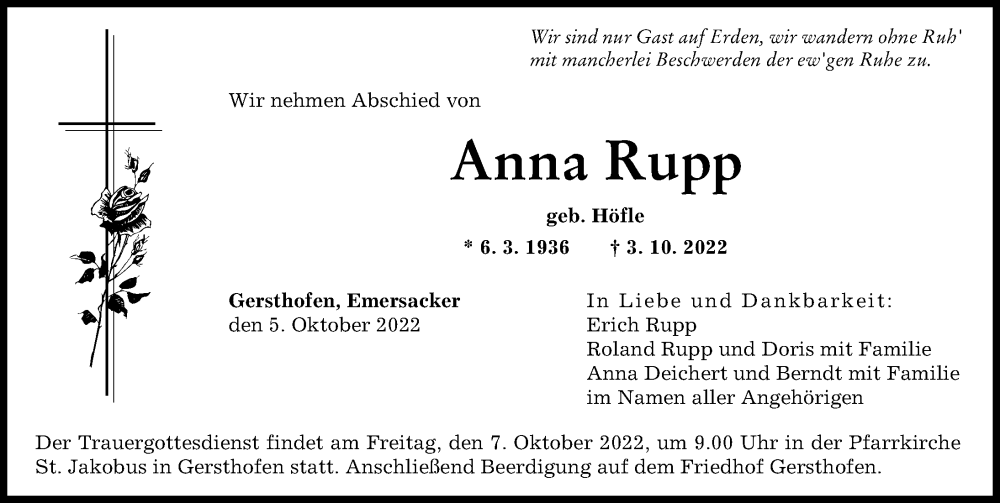 Traueranzeige für Anna Rupp vom 05.10.2022 aus Augsburger Allgemeine