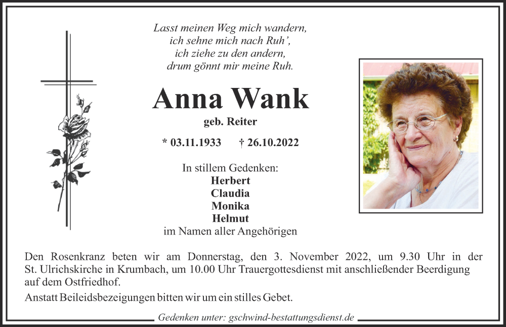  Traueranzeige für Anna Wank vom 31.10.2022 aus Mittelschwäbische Nachrichten