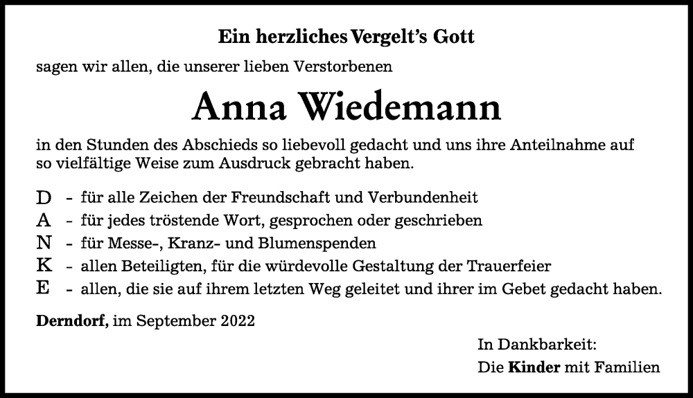  Traueranzeige für Anna Wiedemann vom 01.10.2022 aus Mindelheimer Zeitung