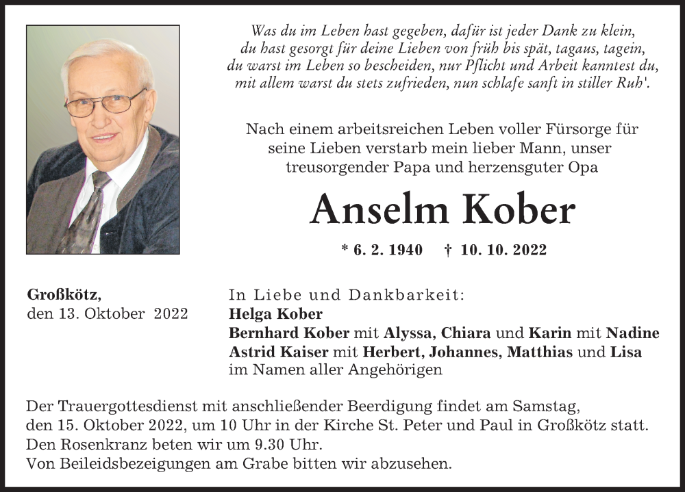 Traueranzeige von Anselm Kober von Günzburger Zeitung