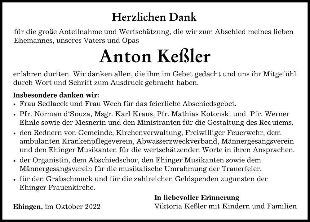  Traueranzeige für Anton Keßler vom 15.10.2022 aus Wertinger Zeitung, Augsburg-Land