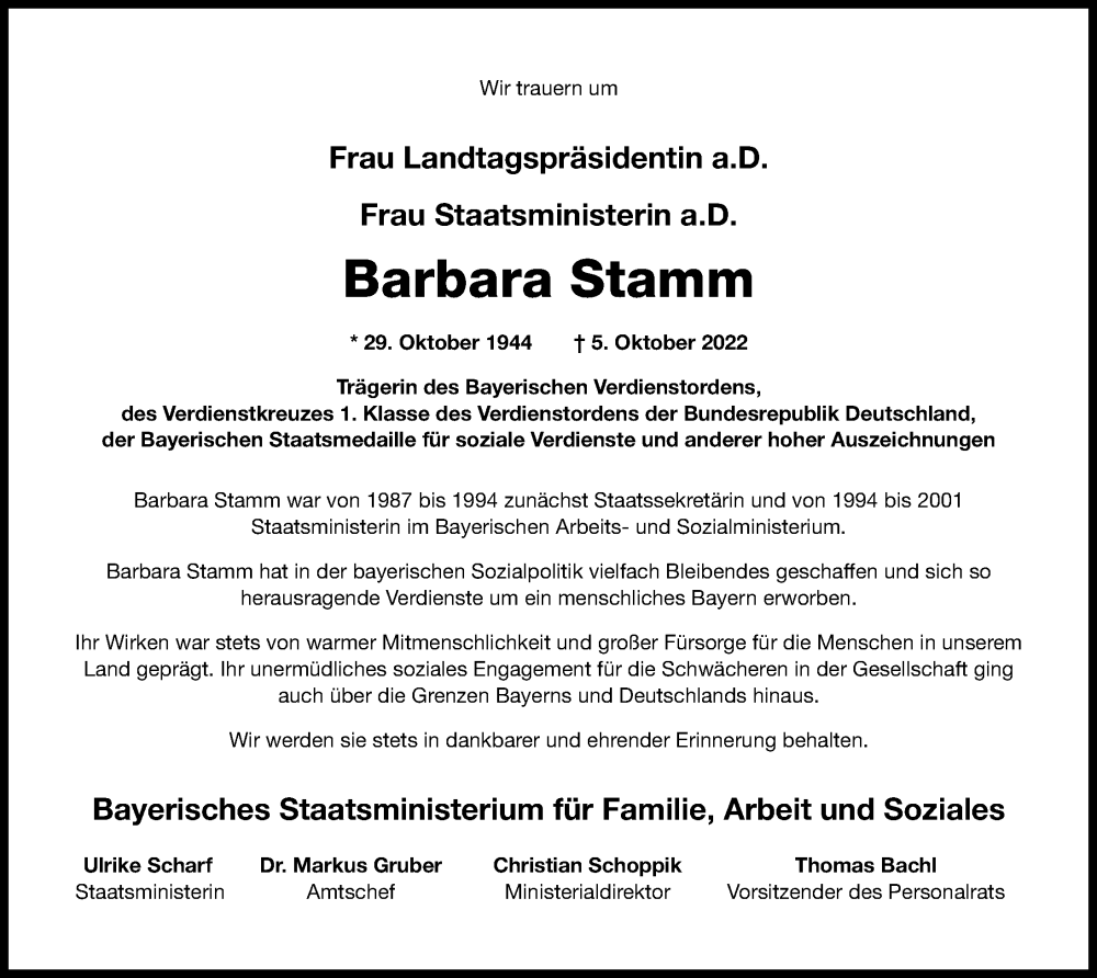  Traueranzeige für Barbara Stamm vom 08.10.2022 aus Augsburger Allgemeine