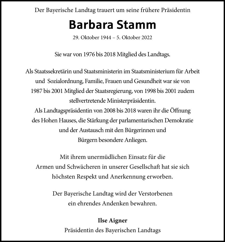  Traueranzeige für Barbara Stamm vom 08.10.2022 aus Augsburger Allgemeine