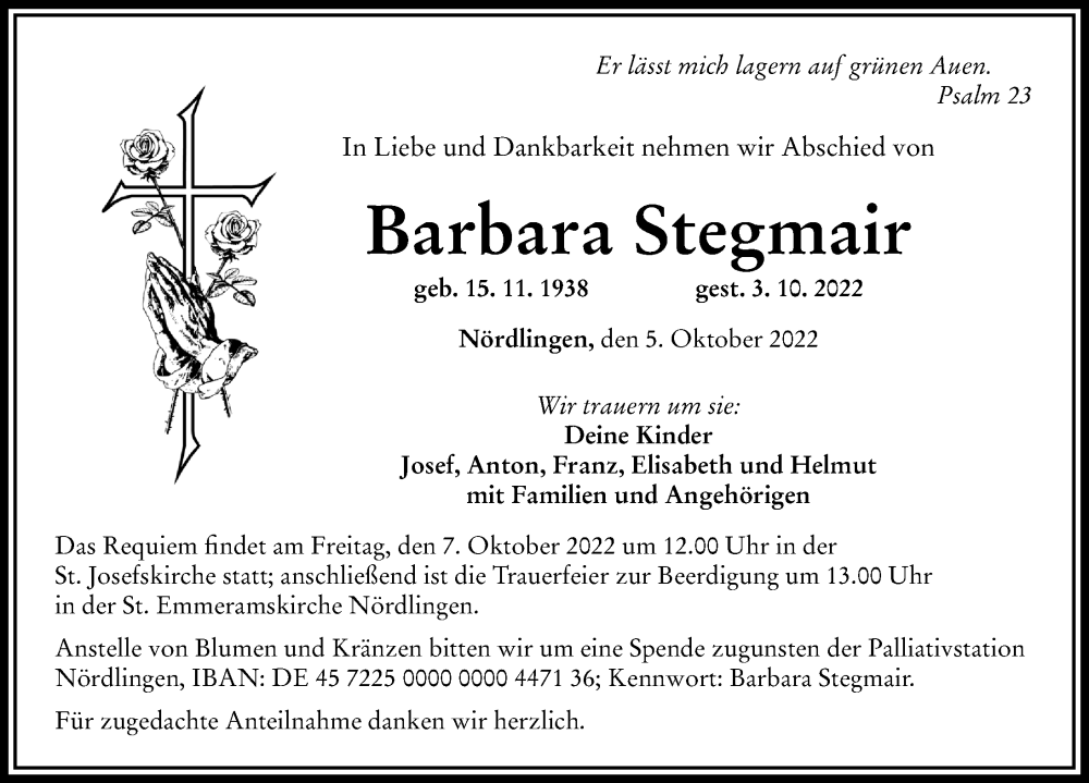  Traueranzeige für Barbara Stegmair vom 05.10.2022 aus Rieser Nachrichten