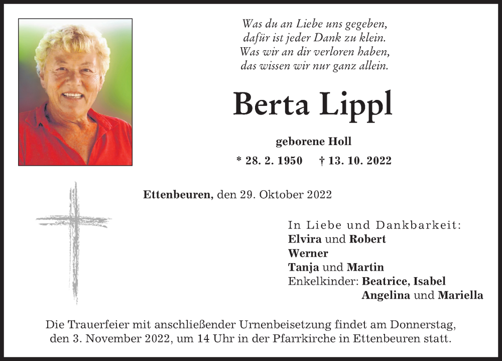 Traueranzeige von Berta Lippl von Mittelschwäbische Nachrichten, Günzburger Zeitung