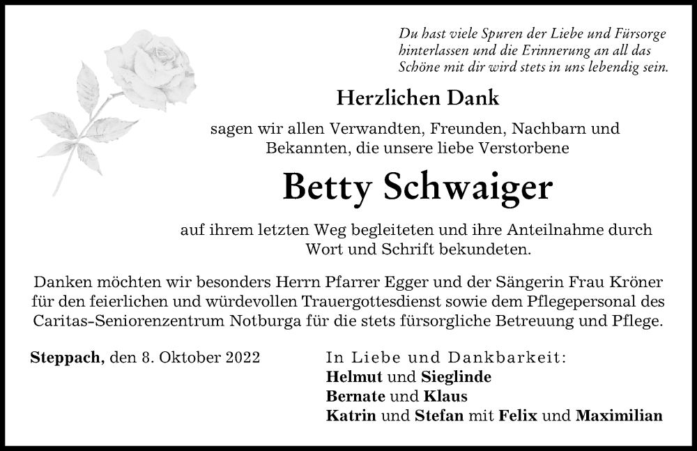  Traueranzeige für Betty Schwaiger vom 08.10.2022 aus Augsburger Allgemeine