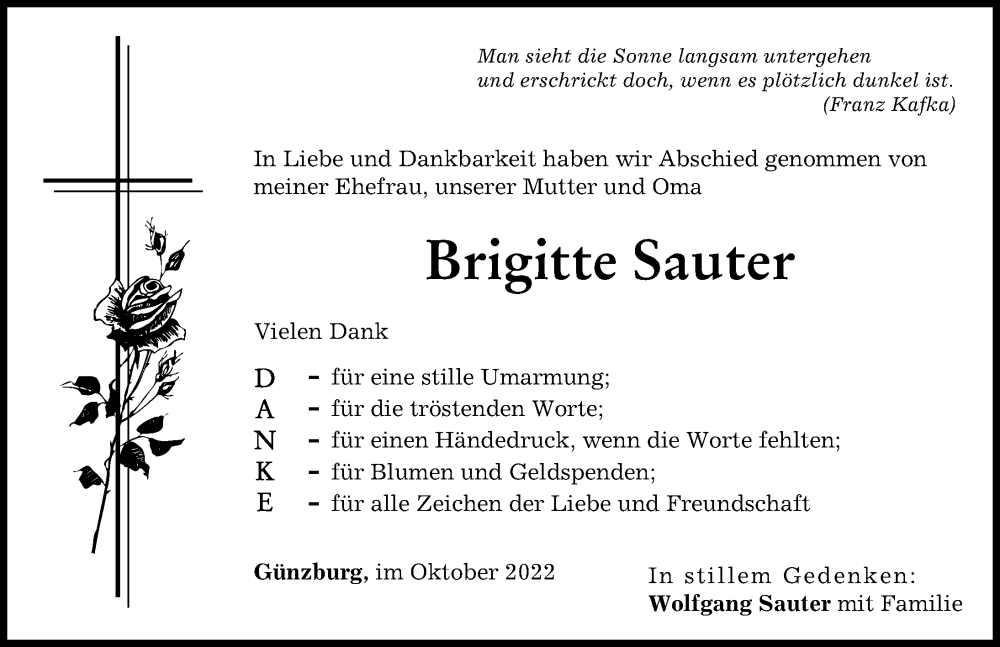  Traueranzeige für Brigitte Sauter vom 01.10.2022 aus Günzburger Zeitung