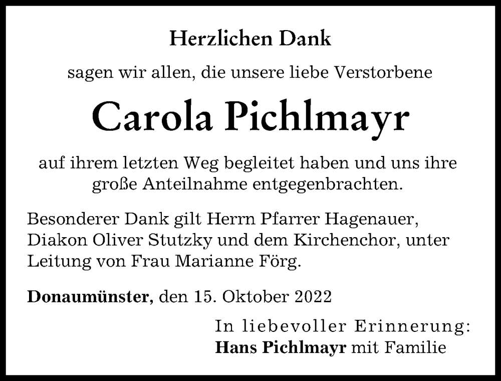  Traueranzeige für Carola Pichlmayr vom 15.10.2022 aus Donauwörther Zeitung
