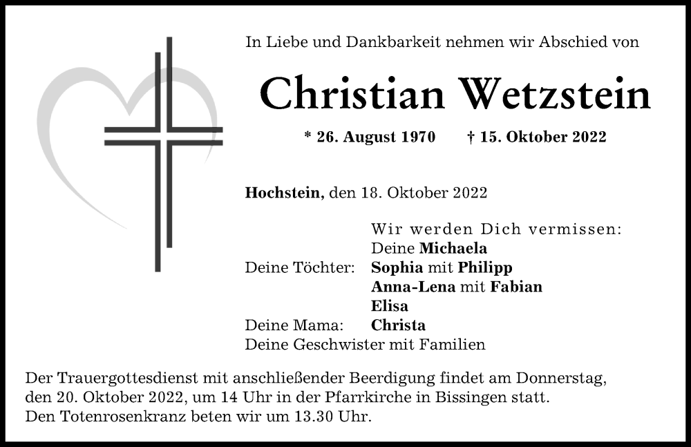  Traueranzeige für Christian Wetzstein vom 18.10.2022 aus Donau Zeitung