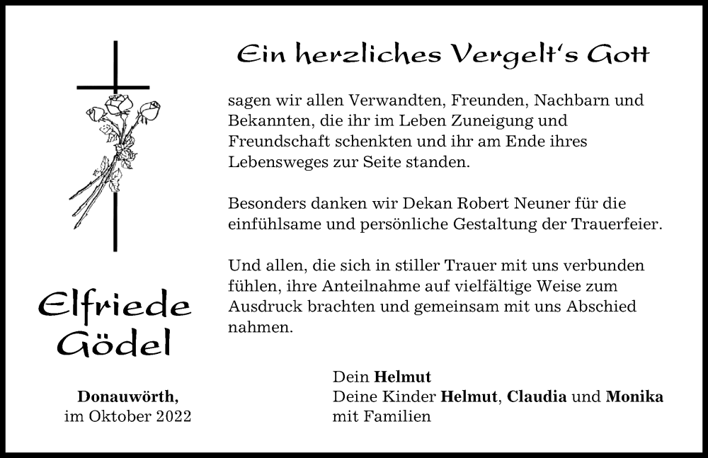 Traueranzeige von Elfriede Gödel von Donauwörther Zeitung