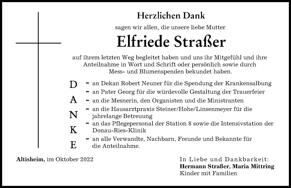  Traueranzeige für Elfriede Straßer vom 13.10.2022 aus Donauwörther Zeitung