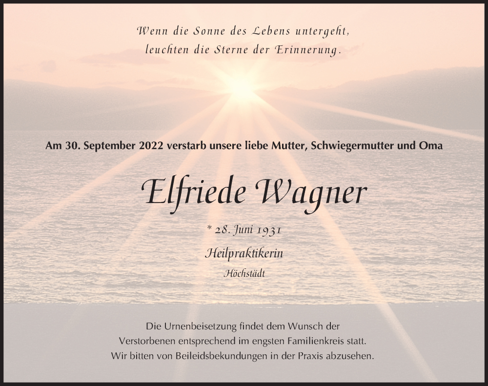 Traueranzeige von Elfriede Wagner von Donau Zeitung