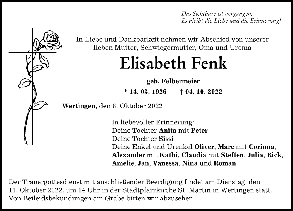 Traueranzeige von Elisabeth Fenk von Wertinger Zeitung