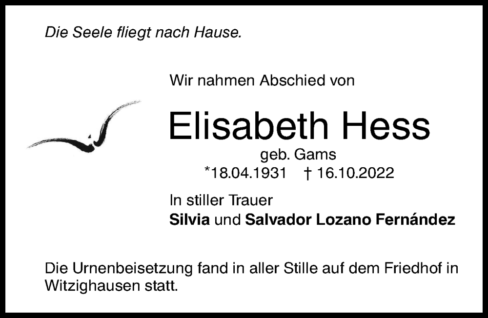 Traueranzeigen Von Elisabeth Hess Augsburger Allgemeine Zeitung