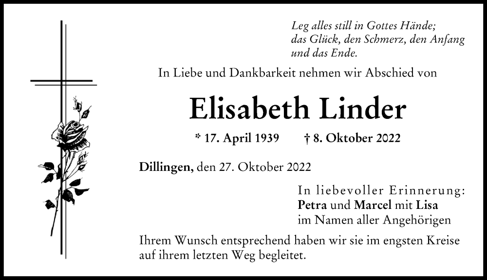 Traueranzeige von Elisabeth Linder von Donau Zeitung