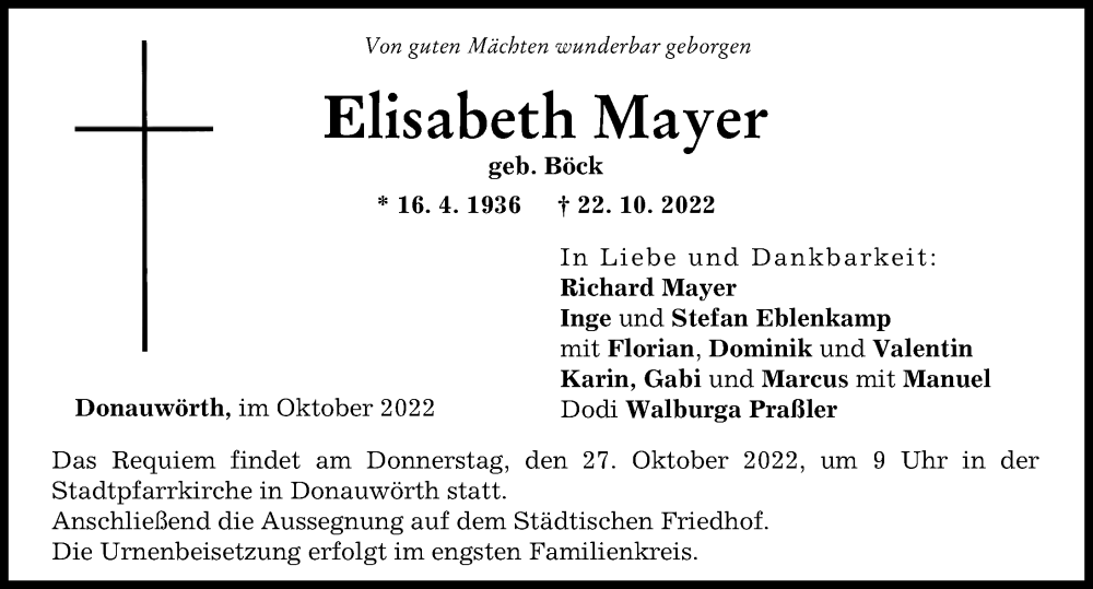 Traueranzeige von Elisabeth Mayer von Donauwörther Zeitung