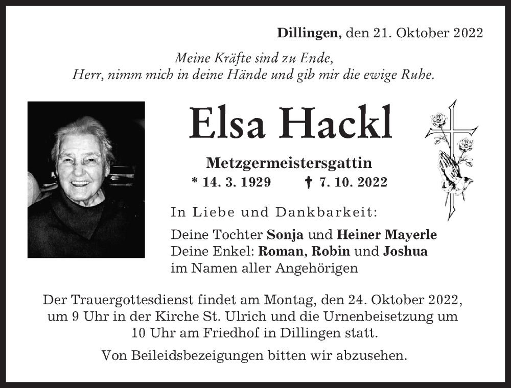 Traueranzeige von Elsa Hackl von Donau Zeitung