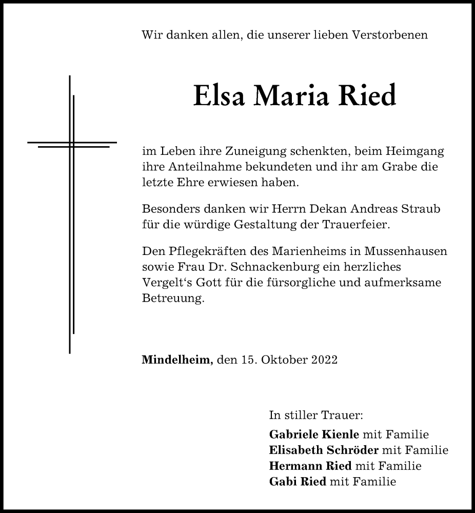  Traueranzeige für Elsa Maria Ried vom 15.10.2022 aus Mindelheimer Zeitung