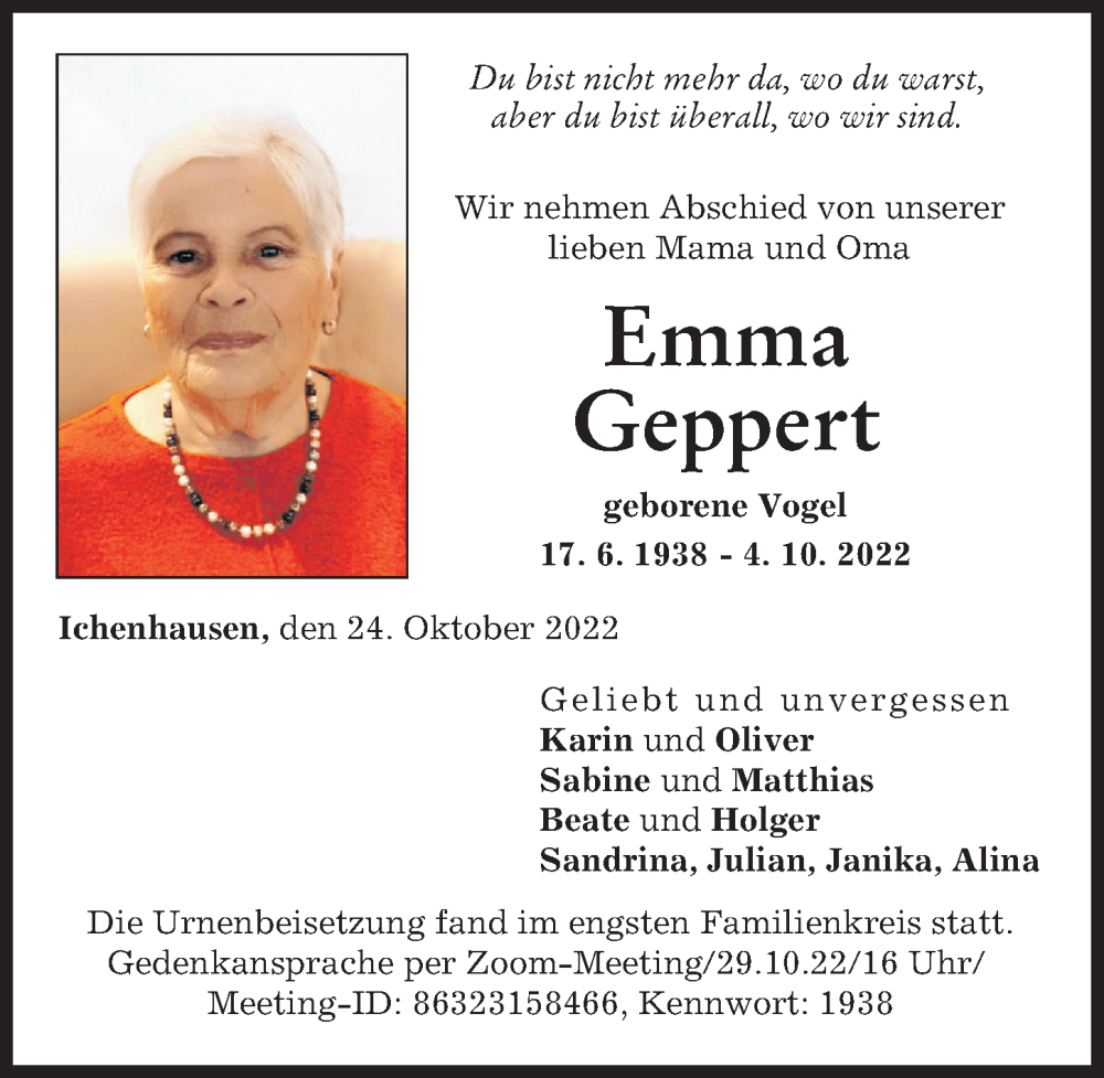 Traueranzeige von Emma Geppert von Günzburger Zeitung