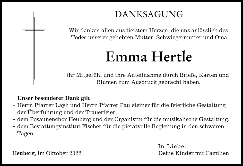  Traueranzeige für Emma Hertle vom 12.10.2022 aus Rieser Nachrichten